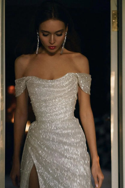 Elegant A-Line Off the Shoulder Evening Gowns  Silver Sequins Long Prom Dress with Split Front  ED02270
