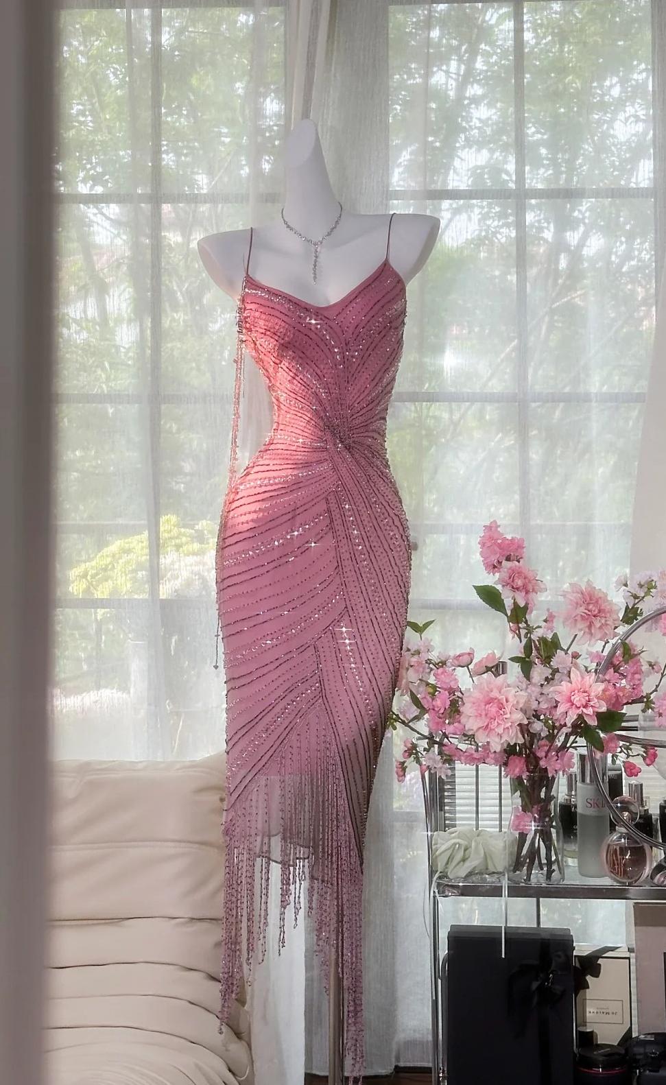 Gorgeous Pink Chiffon Beaded Spaghetti Straps Short Prom Dresses Vintage Evening Gowns ED02274