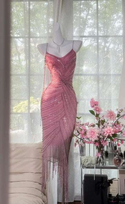 Gorgeous Pink Chiffon Beaded Spaghetti Straps Short Prom Dresses Vintage Evening Gowns ED02274