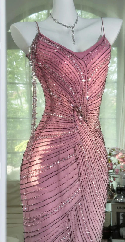 Gorgeous Pink Chiffon Beaded Spaghetti Straps Short Prom Dresses Vintage Evening Gowns ED02274