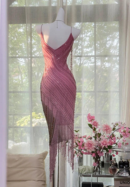 Gorgeous Pink Chiffon Beaded Spaghetti Straps Short Prom Dresses Vintage Evening Gowns ED02274