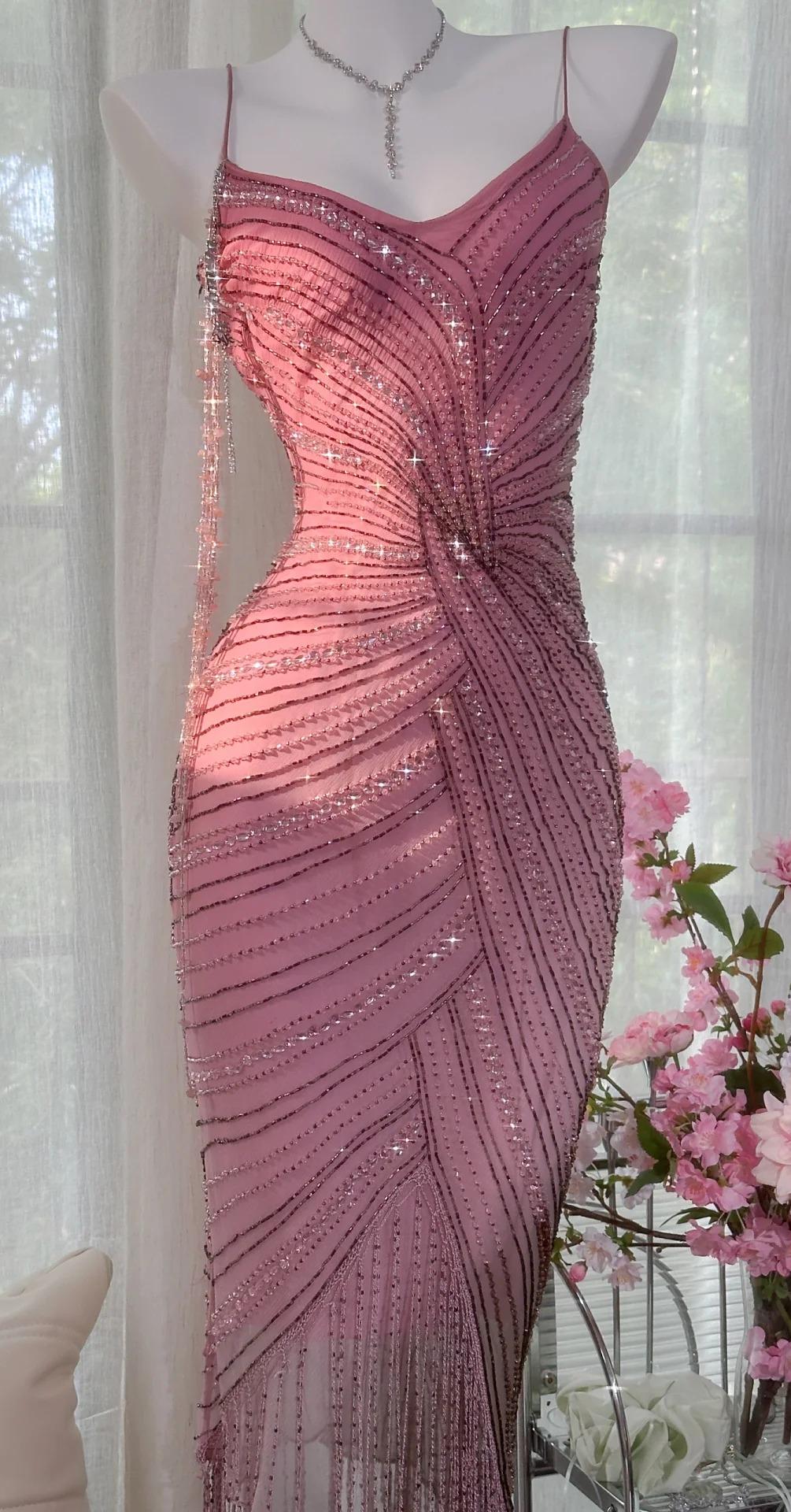 Gorgeous Pink Chiffon Beaded Spaghetti Straps Short Prom Dresses Vintage Evening Gowns ED02274