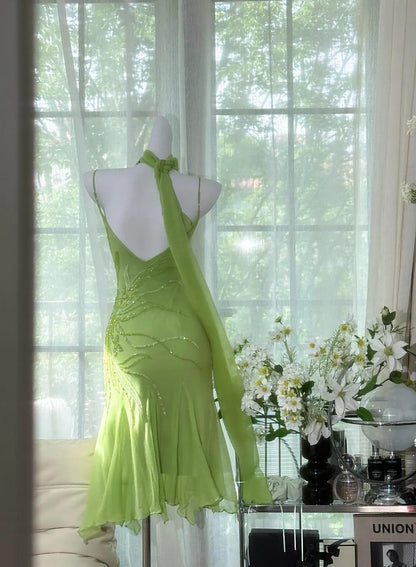Fairytale Bud Green Sheath Short Prom Dresses Chiffon Beaded Backless Party Dress ED02275