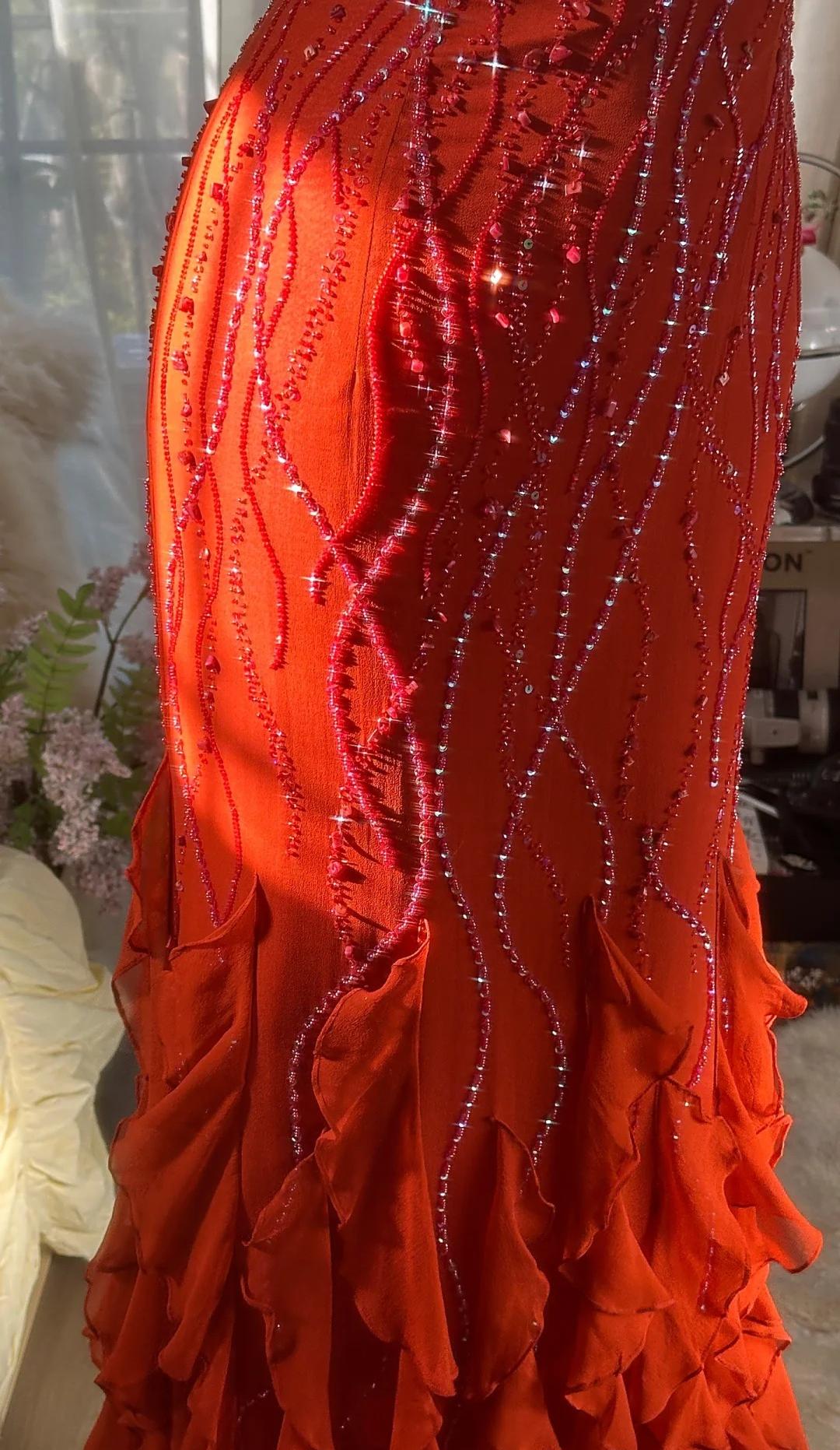 Elegant Red Spaghetti Strap Chiffon Ruffle Beaded Sheath Long Prom Dresses ED02276
