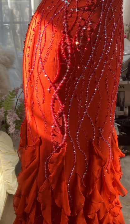 Elegant Red Spaghetti Strap Chiffon Ruffle Beaded Sheath Long Prom Dresses ED02276