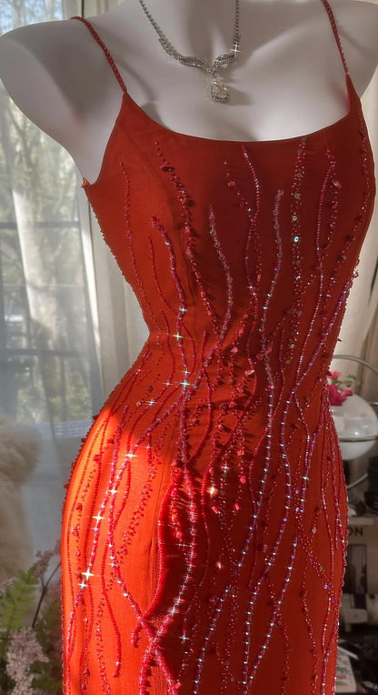 Elegant Red Spaghetti Strap Chiffon Ruffle Beaded Sheath Long Prom Dresses ED02276