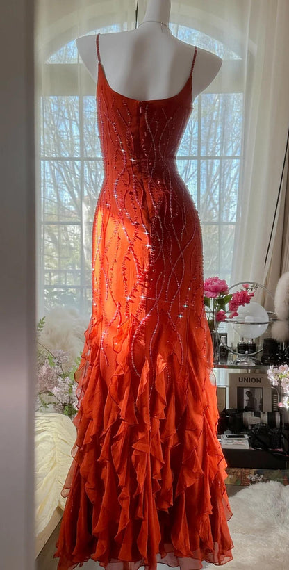 Elegant Red Spaghetti Strap Chiffon Ruffle Beaded Sheath Long Prom Dresses ED02276