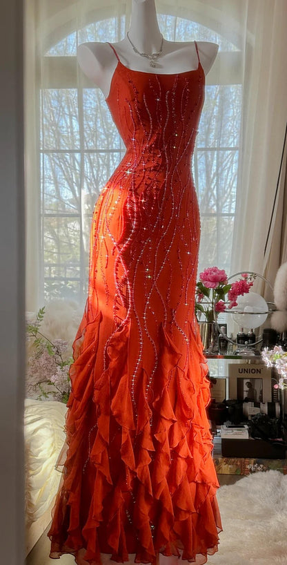 Elegant Red Spaghetti Strap Chiffon Ruffle Beaded Sheath Long Prom Dresses ED02276