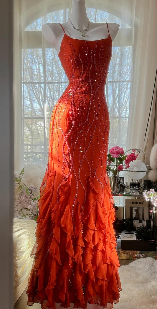 Elegant Red Spaghetti Strap Chiffon Ruffle Beaded Sheath Long Prom Dresses ED02276