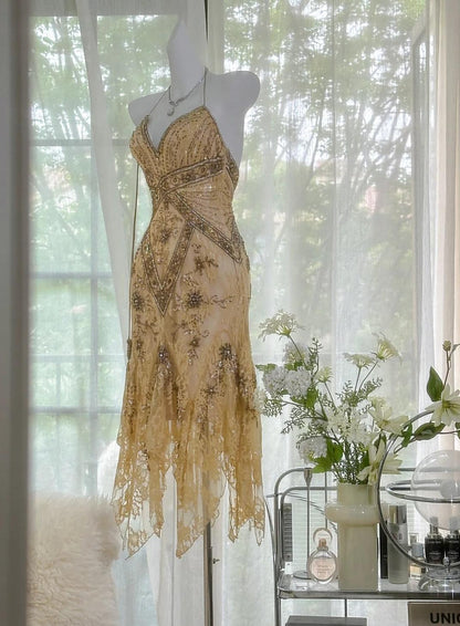 Fascinating Vintage Gold V-Neck Spaghetti Straps Lace Beading Short Prom Dresses ED02277