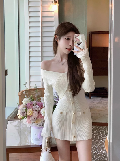 Chanel style white one-shoulder knitted dress ED0227