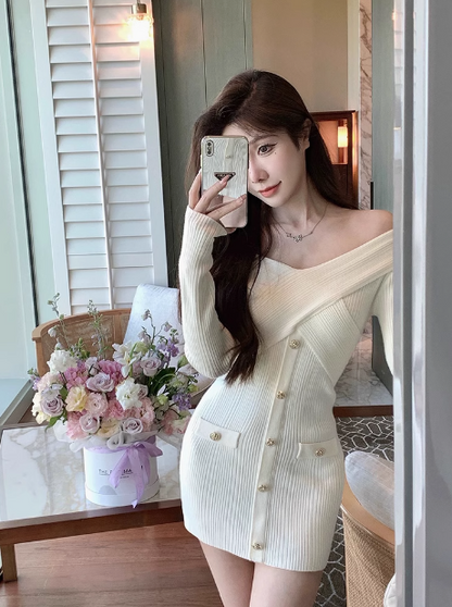 Chanel style white one-shoulder knitted dress ED0227