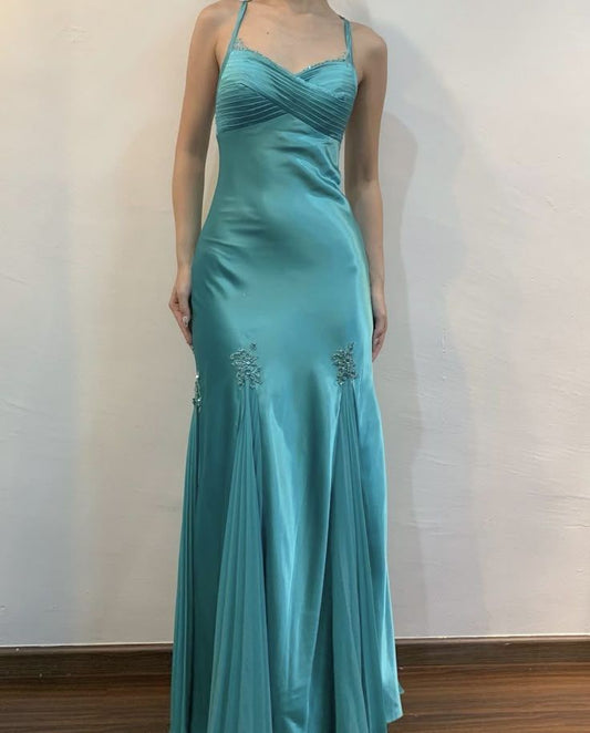 Vintage Turquoise Satin Chiffon Mermaid Long Prom Dresses for Party ED02281