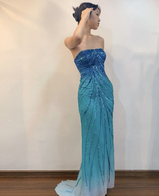 Elegant Gradient Blue Strapless Beaded Chiffon Sheath Prom Dresses Vintage Formal Evening Dress ED02282