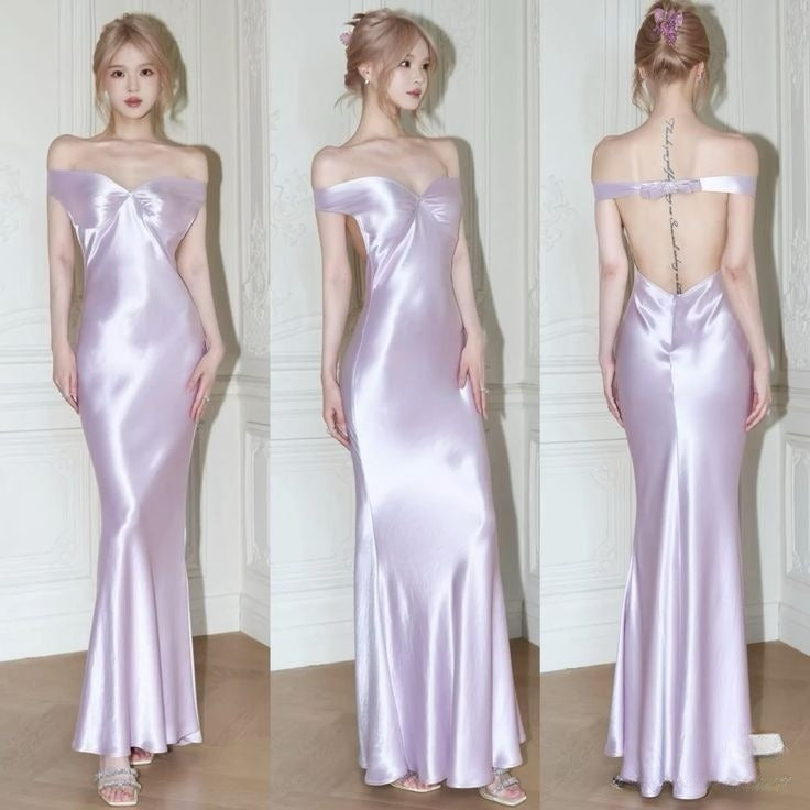 Fashion Light Pink Off-shoulder Satin Mermaid Long Prom Dresses Elegant Backless Evening Dresses ED02283