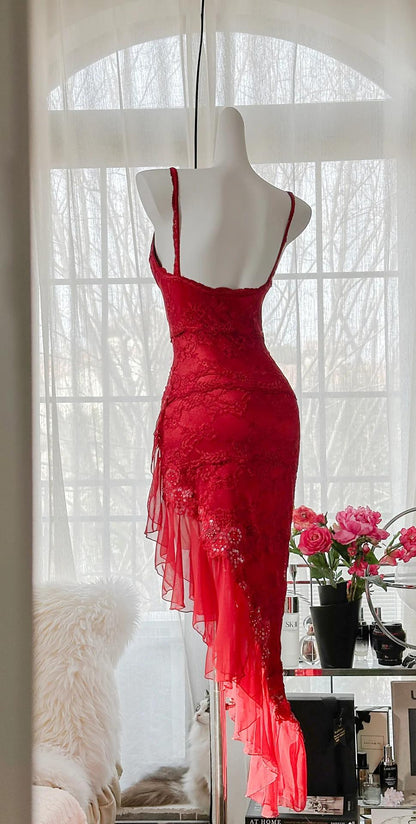 Elegant Red Lace Spaghetti Straps Prom Dresses Vintage Party Dresses with Ruffles ED02284