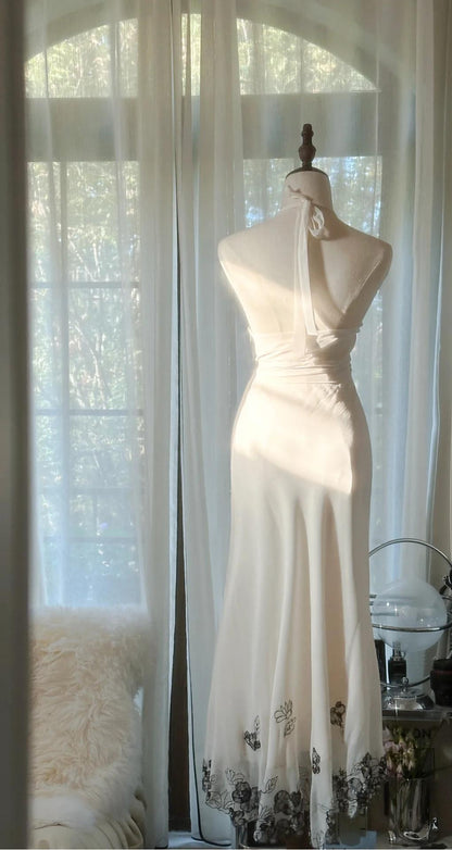 Gentle White Spaghetti Straps Mermaid Chiffon Lace Prom Dresses Elegant Party Dresses ED02285