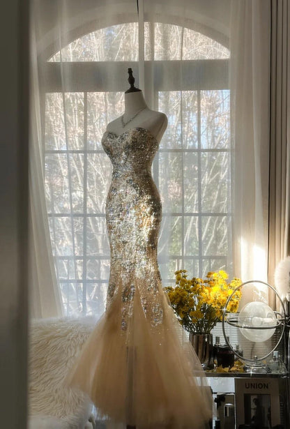 Gorgeous Light Champagne Sweetheart Neck Tulle Sequin Mermaid Long Prom Dresses Elegant Party Dress ED02286