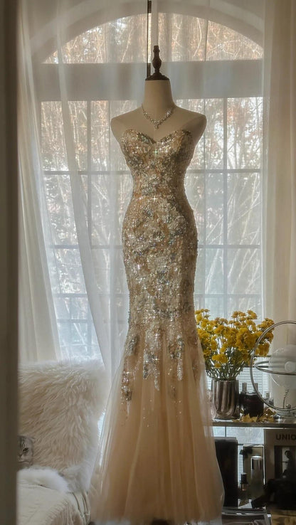 Gorgeous Light Champagne Sweetheart Neck Tulle Sequin Mermaid Long Prom Dresses Elegant Party Dress ED02286