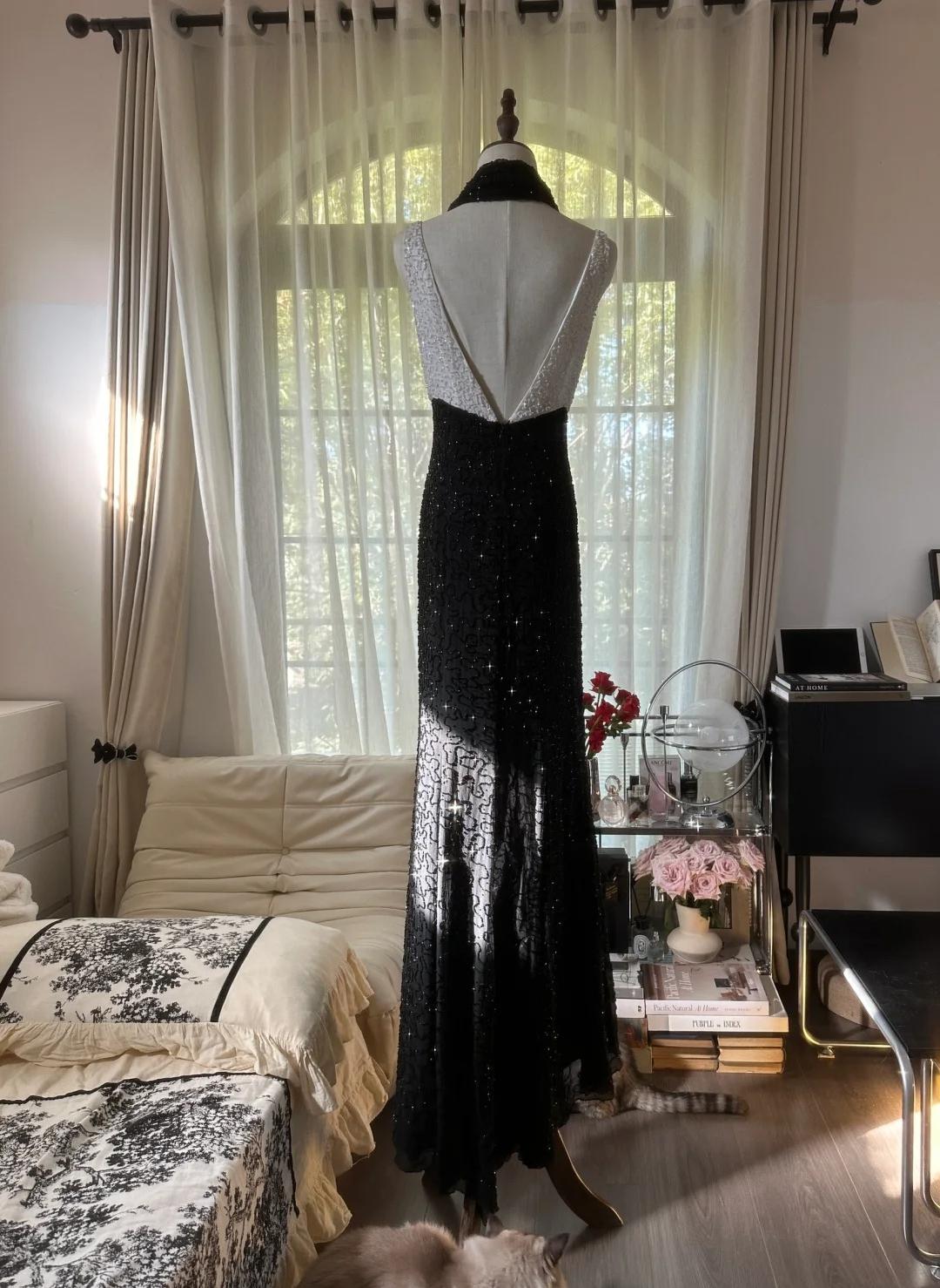 Elegant Black and White High Waist Scoop Neck Beaded Chiffon Prom Dresses, Vintage Evening GownsED02289