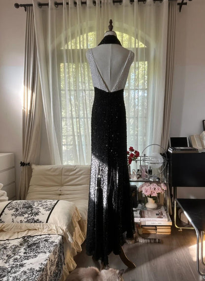 Elegant Black and White High Waist Scoop Neck Beaded Chiffon Prom Dresses, Vintage Evening GownsED02289