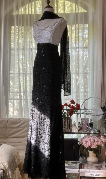 Elegant Black and White High Waist Scoop Neck Beaded Chiffon Prom Dresses, Vintage Evening GownsED02289