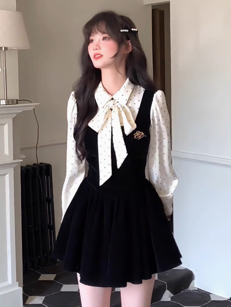 A-Line French Polka Dot Velvet Fake Two-Piece Dress ED0228