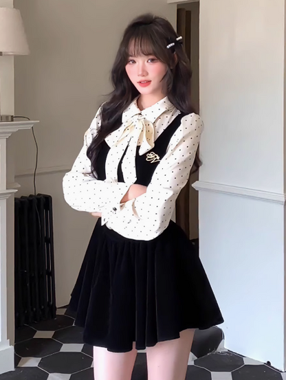 A-Line French Polka Dot Velvet Fake Two-Piece Dress ED0228