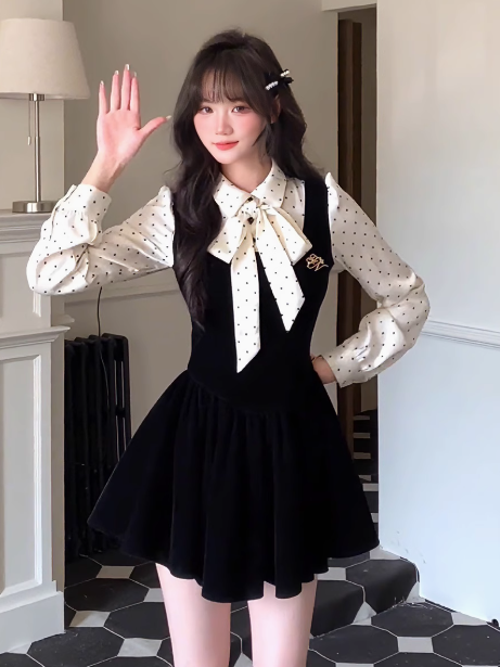 A-Line French Polka Dot Velvet Fake Two-Piece Dress ED0228