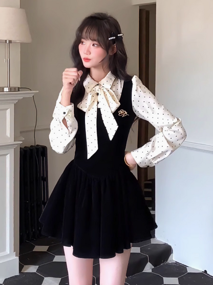 A-Line French Polka Dot Velvet Fake Two-Piece Dress ED0228