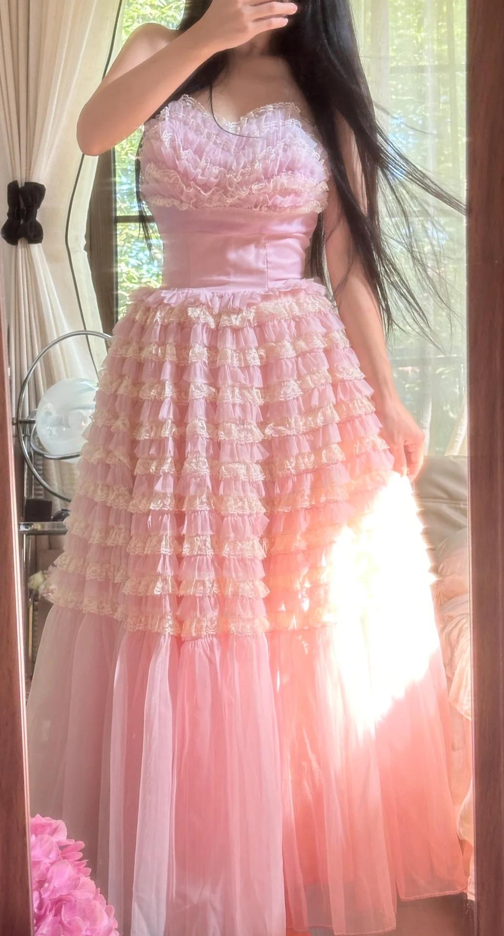 Sweet Pink Tulle Layered A-line Strapless Birthday Prom Dresses Formal Evening Gowns ED02290