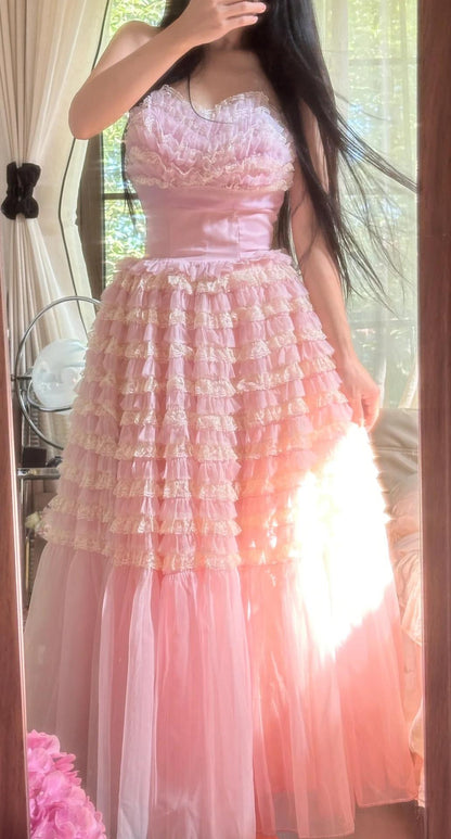 Sweet Pink Tulle Layered A-line Strapless Birthday Prom Dresses Formal Evening Gowns ED02290