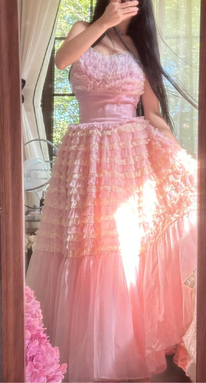 Sweet Pink Tulle Layered A-line Strapless Birthday Prom Dresses Formal Evening Gowns ED02290