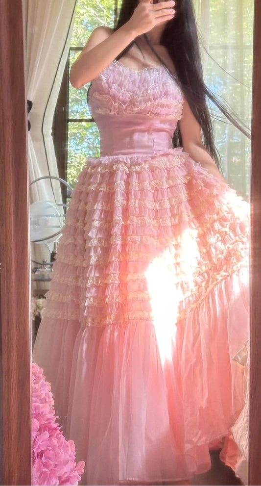 Sweet Pink Tulle Layered A-line Strapless Birthday Prom Dresses Formal Evening Gowns ED02290