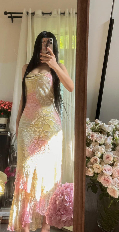 Gentle Vintage Spaghetti Straps Gradient Chiffon Beading Sheath Prom Dresses ED02291