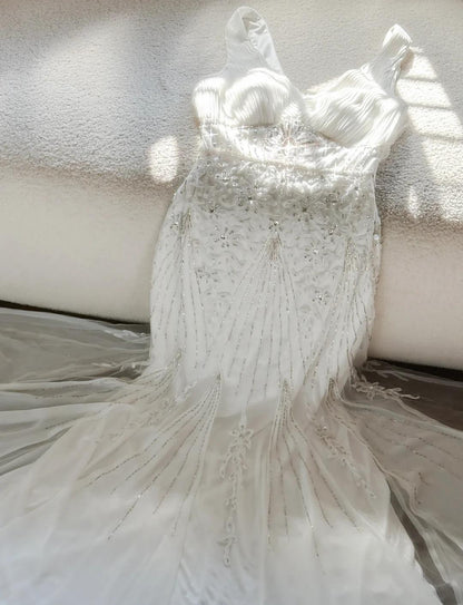 Elegant White V-Neck Chiffon Beaded Mermaid Prom Dresses Vintage Evening Gowns ED02292