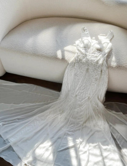 Elegant White V-Neck Chiffon Beaded Mermaid Prom Dresses Vintage Evening Gowns ED02292