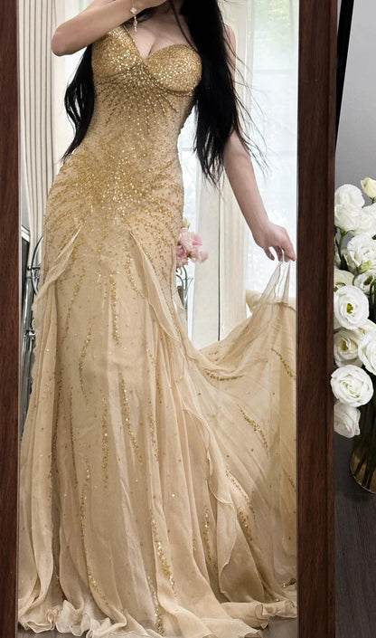 Gorgeous Spaghetti Straps Beaded Chiffon Mermaid Prom Dresses Vintage Evening Gowns ED02293