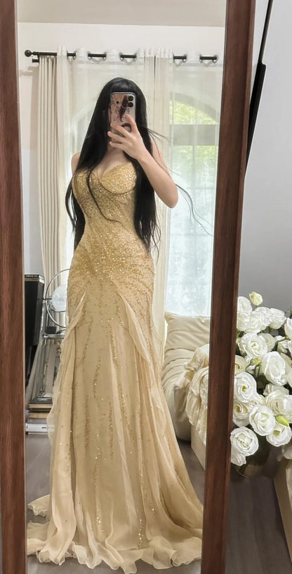 Gorgeous Spaghetti Straps Beaded Chiffon Mermaid Prom Dresses Vintage Evening Gowns ED02293