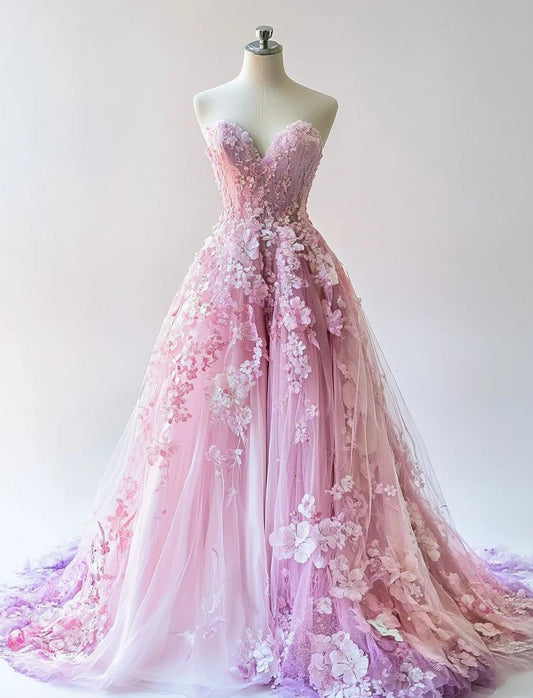 Sweet Pink Purple Gradient Sweetheart Neck A-Line Tulle Applique Long Prom Dresses Unique Wedding Dress ED02294