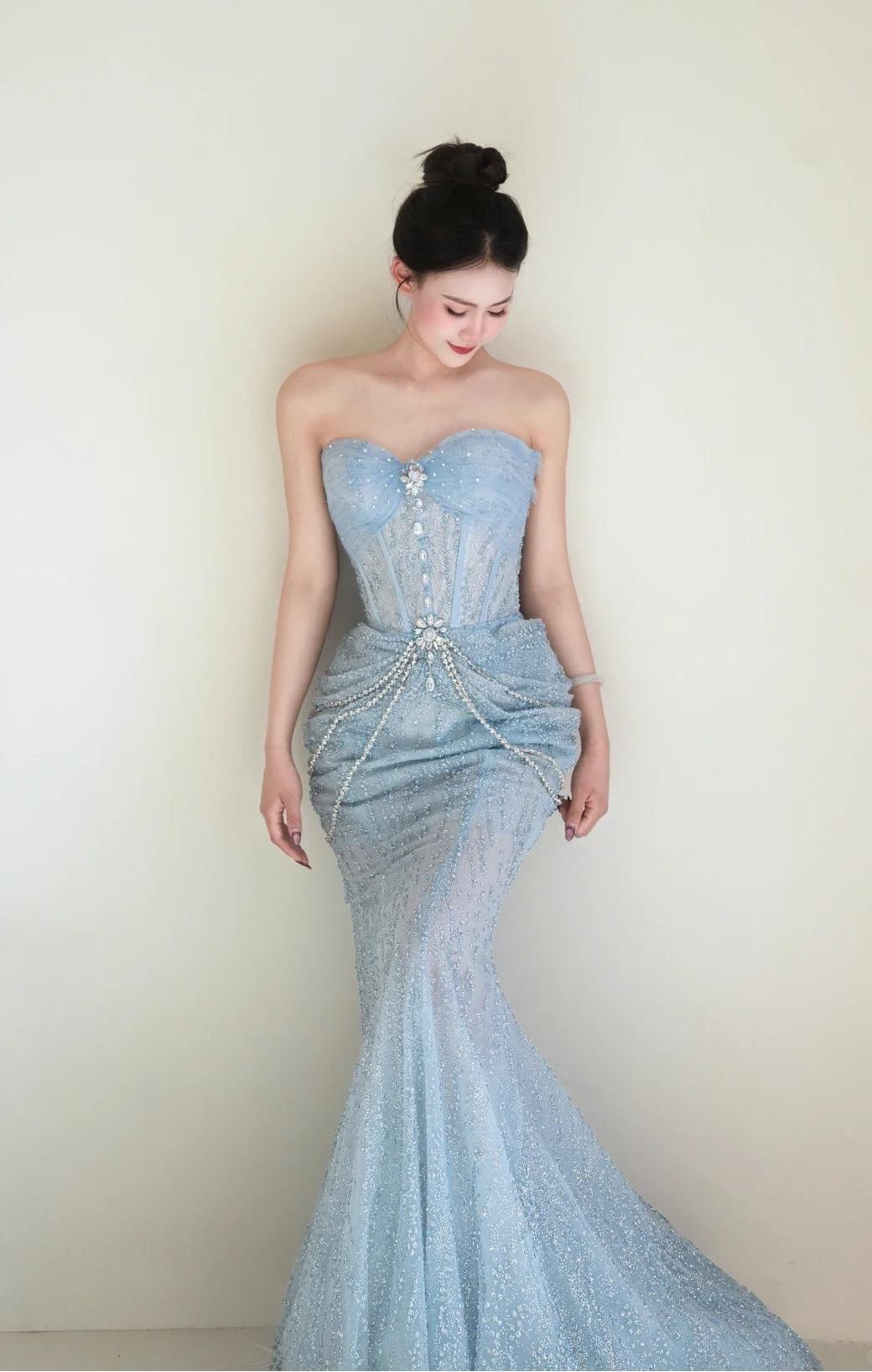 Gorgeous Light Blue Mermaid Sweetheart Neck Tulle Beaded Long Prom Dresses Sweet Formal Evening Dresses ED02295