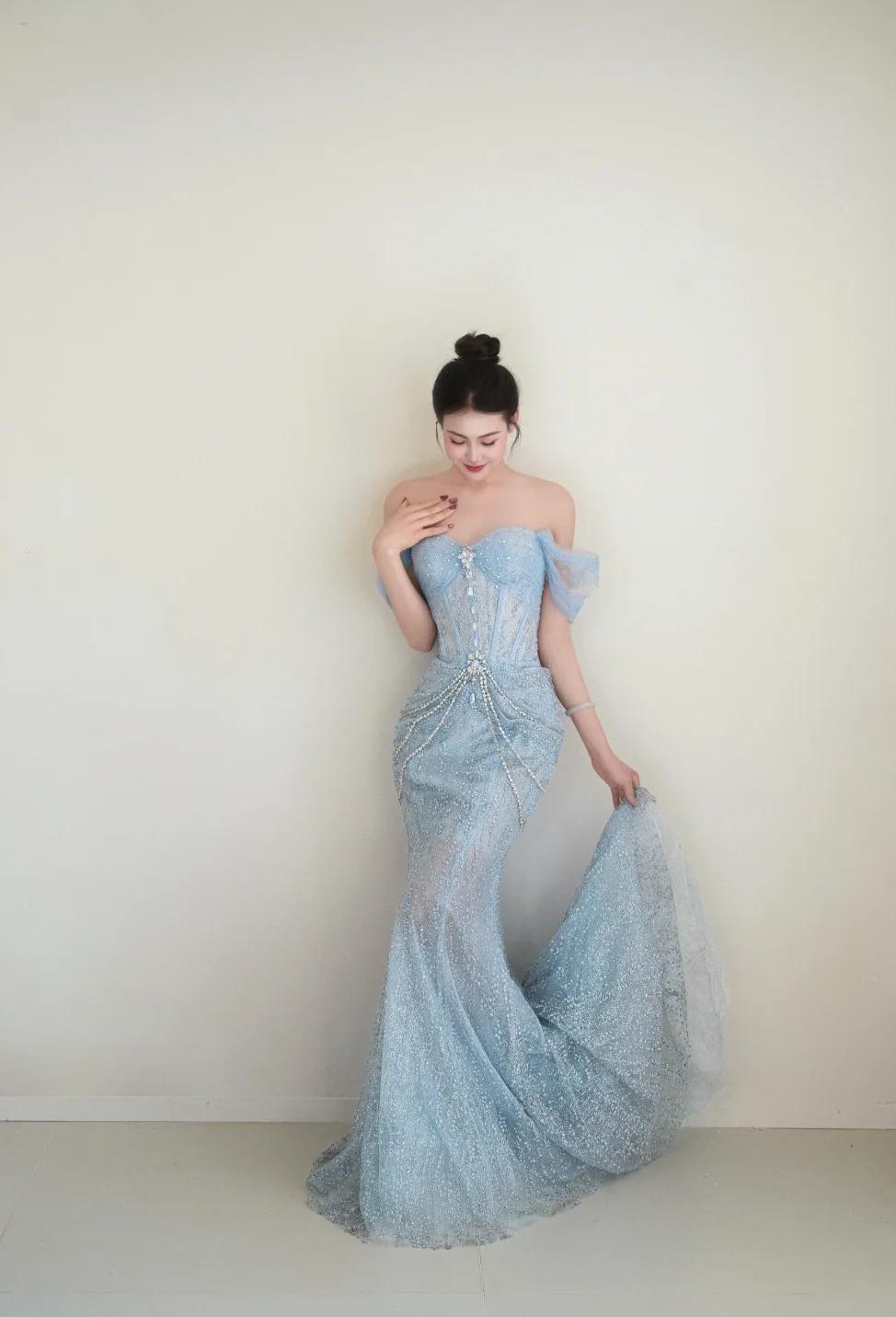 Gorgeous Light Blue Mermaid Sweetheart Neck Tulle Beaded Long Prom Dresses Sweet Formal Evening Dresses ED02295