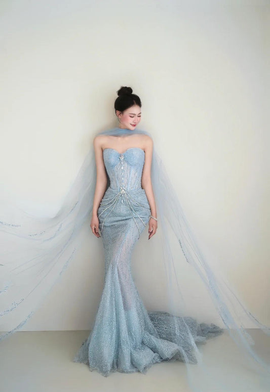 Gorgeous Light Blue Mermaid Sweetheart Neck Tulle Beaded Long Prom Dresses Sweet Formal Evening Dresses ED02295