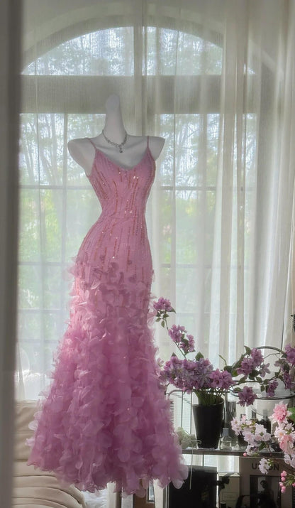 Fairytale Pink Purple Spaghetti Straps Satin Beading Long Prom Dress Retro Backless Evening Gowns ED02296