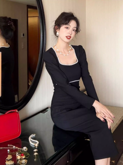 French minimalist square collar white dress ED0229