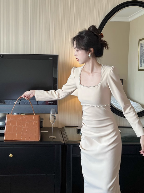 French minimalist square collar white dress ED0229