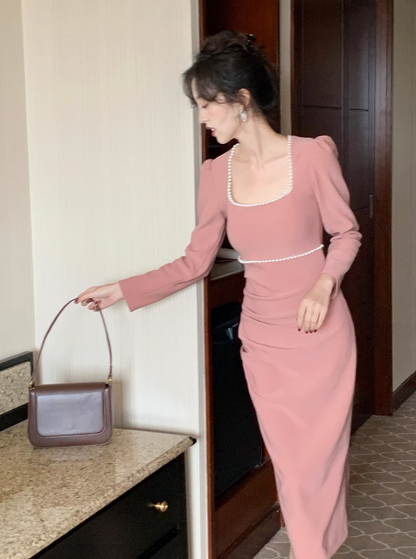 French minimalist square collar white dress ED0229