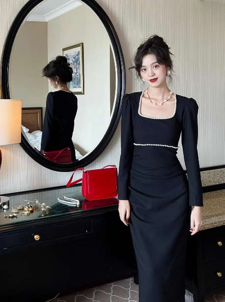 French minimalist square collar white dress ED0229