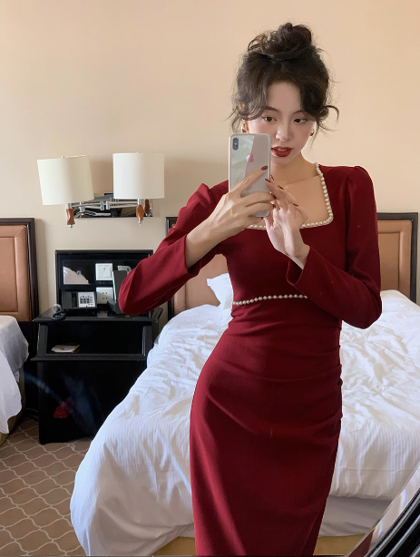 French minimalist square collar white dress ED0229