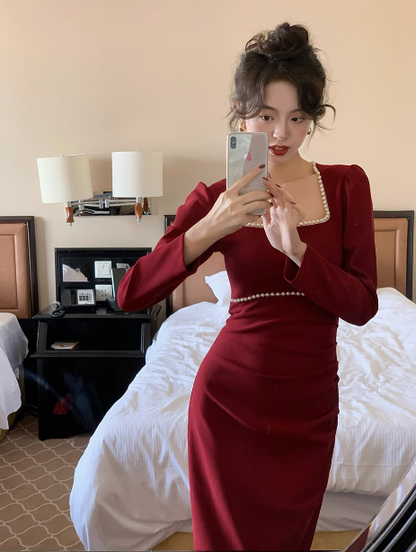 French minimalist square collar white dress ED0229